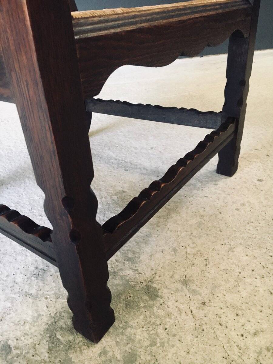 Low Arts & Crafts Oak & Rush Armchair, Belgium 1920s