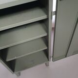 Gray metal locker. Industrial small sideboard.