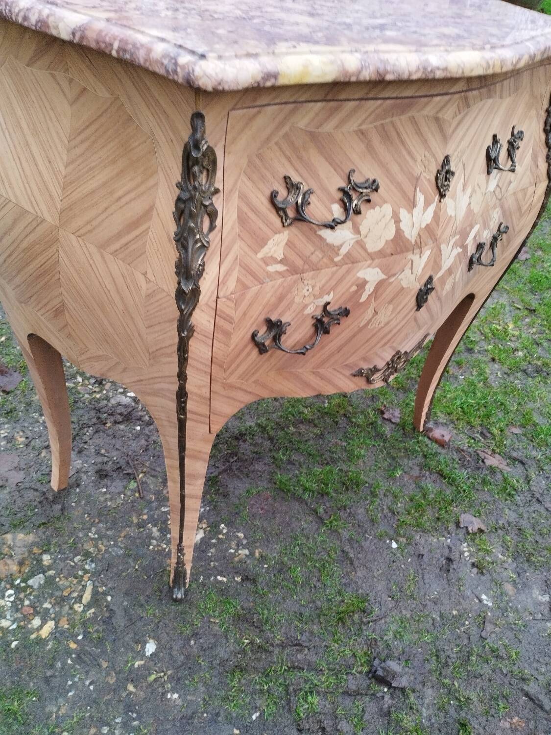 Commode ancienne en marqueterie style louis xv avec plateau marbre