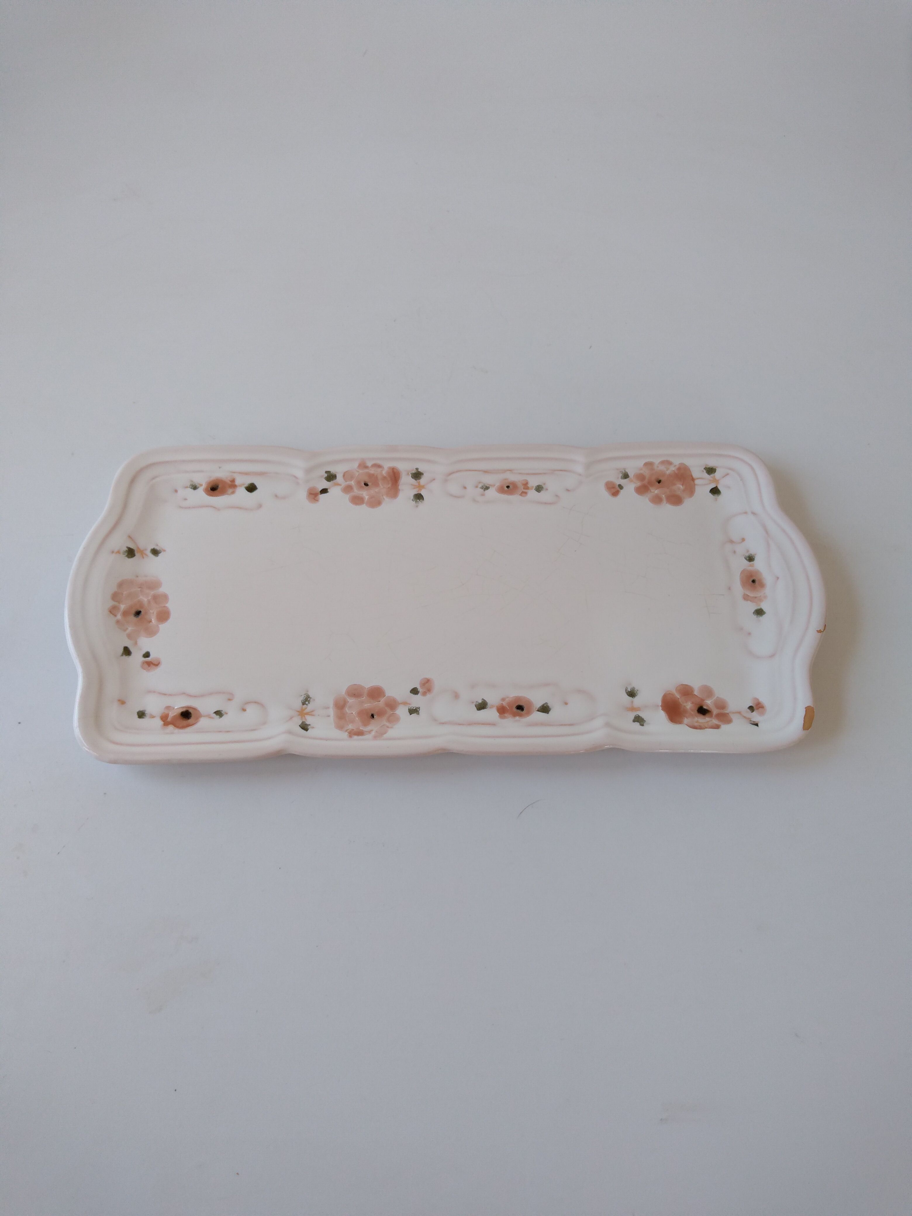 Antique dish in white ceramic and pink spring flowers Niderviller France