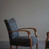 Danish mid-century modern, pair of beech armchairs with original fabric, 1960s.