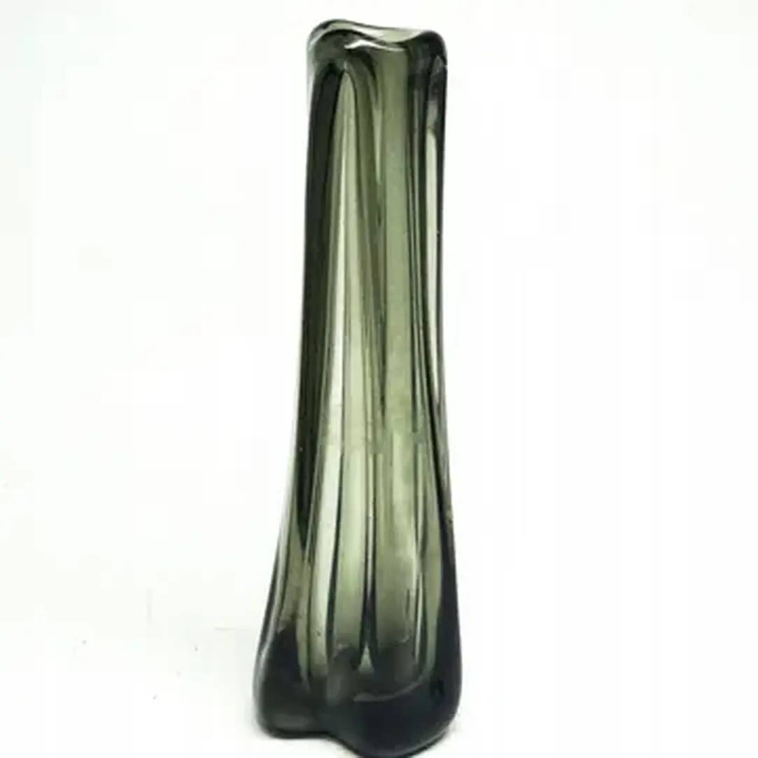 Brutalism vase, green pressed glass, Ząbkowice, Poland, 1970s