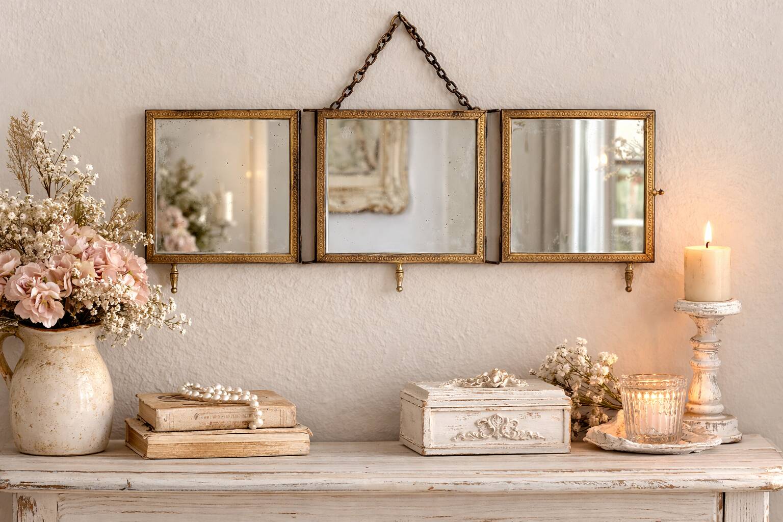 Vintage 1900 triptych barber mirror in gold, gallant scene - 20 x 59 cm