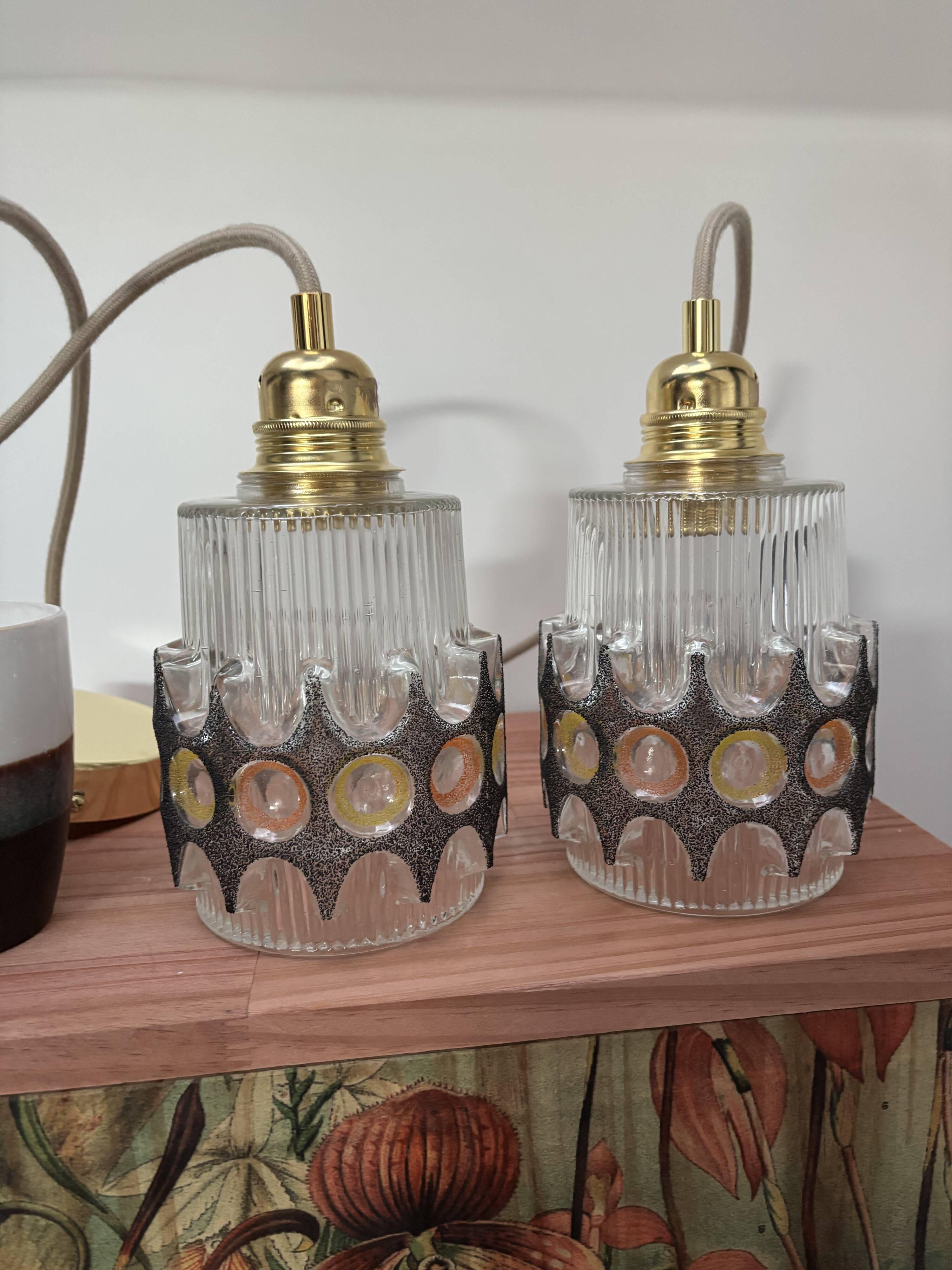 Pair of vintage faceted glass pendant lights