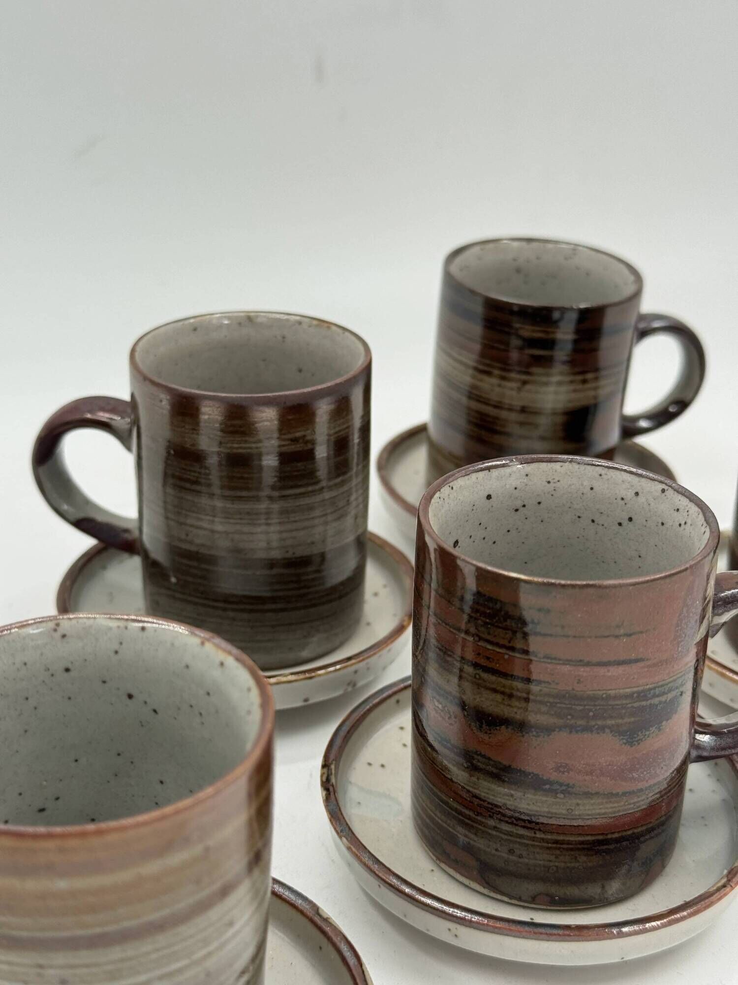 Set of 6 vintage handmade stoneware cups and saucers.
