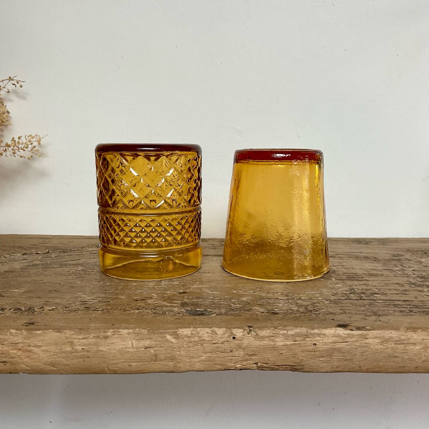 6 mismatched vintage amber glasses