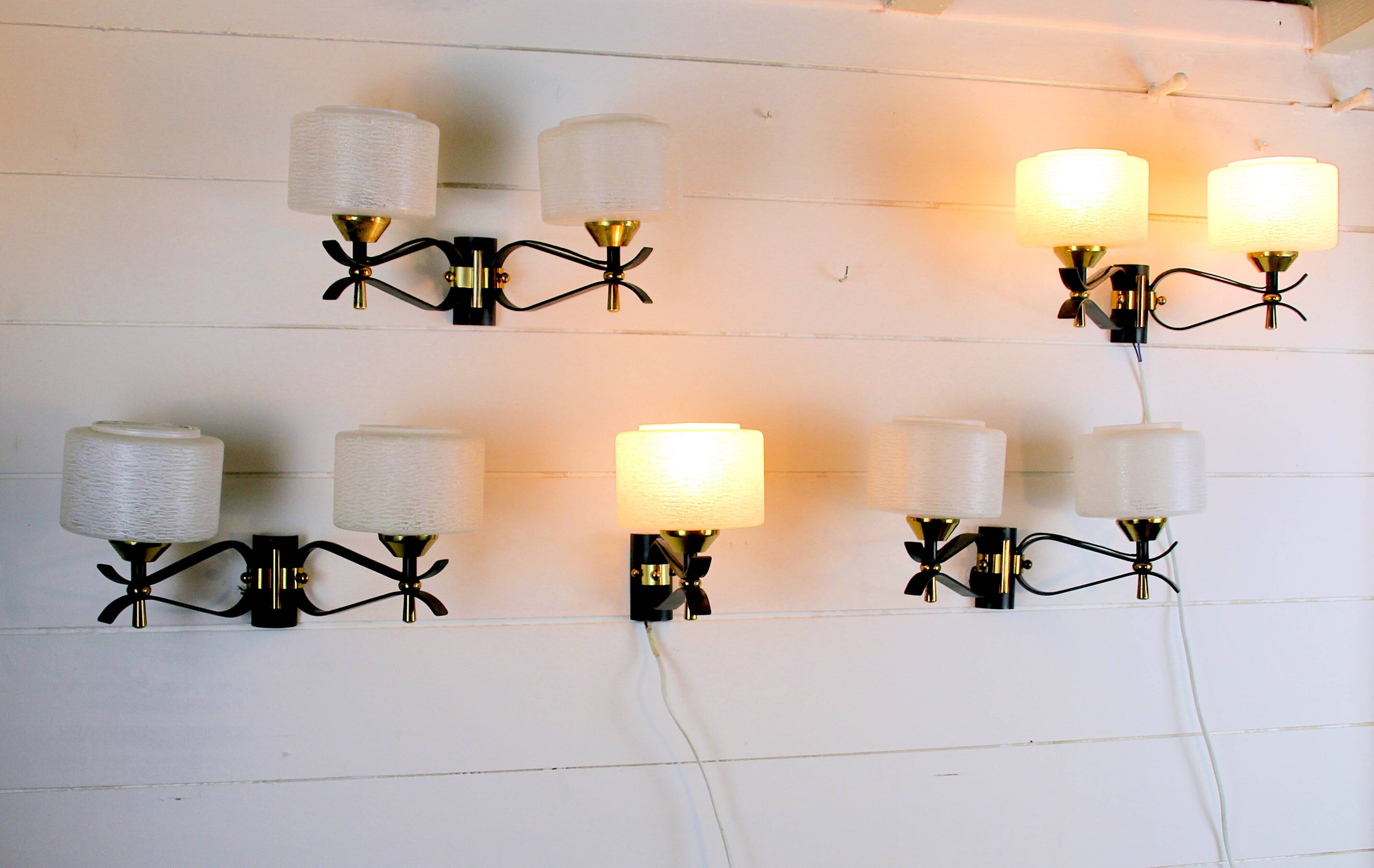 Pair of double wall sconces, Maison Arlus, Mid-Century, black brass opaline