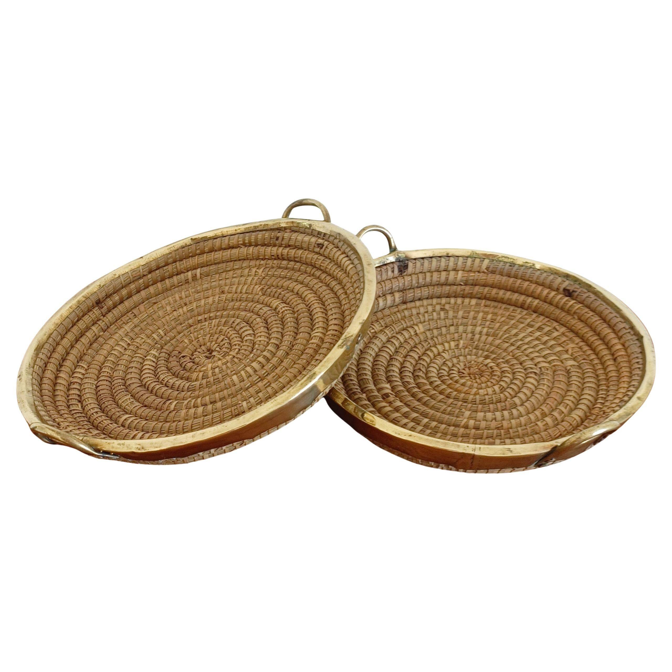 1970s Gabriella Crespi Style Handmade Natural Fiber and Brass Trays