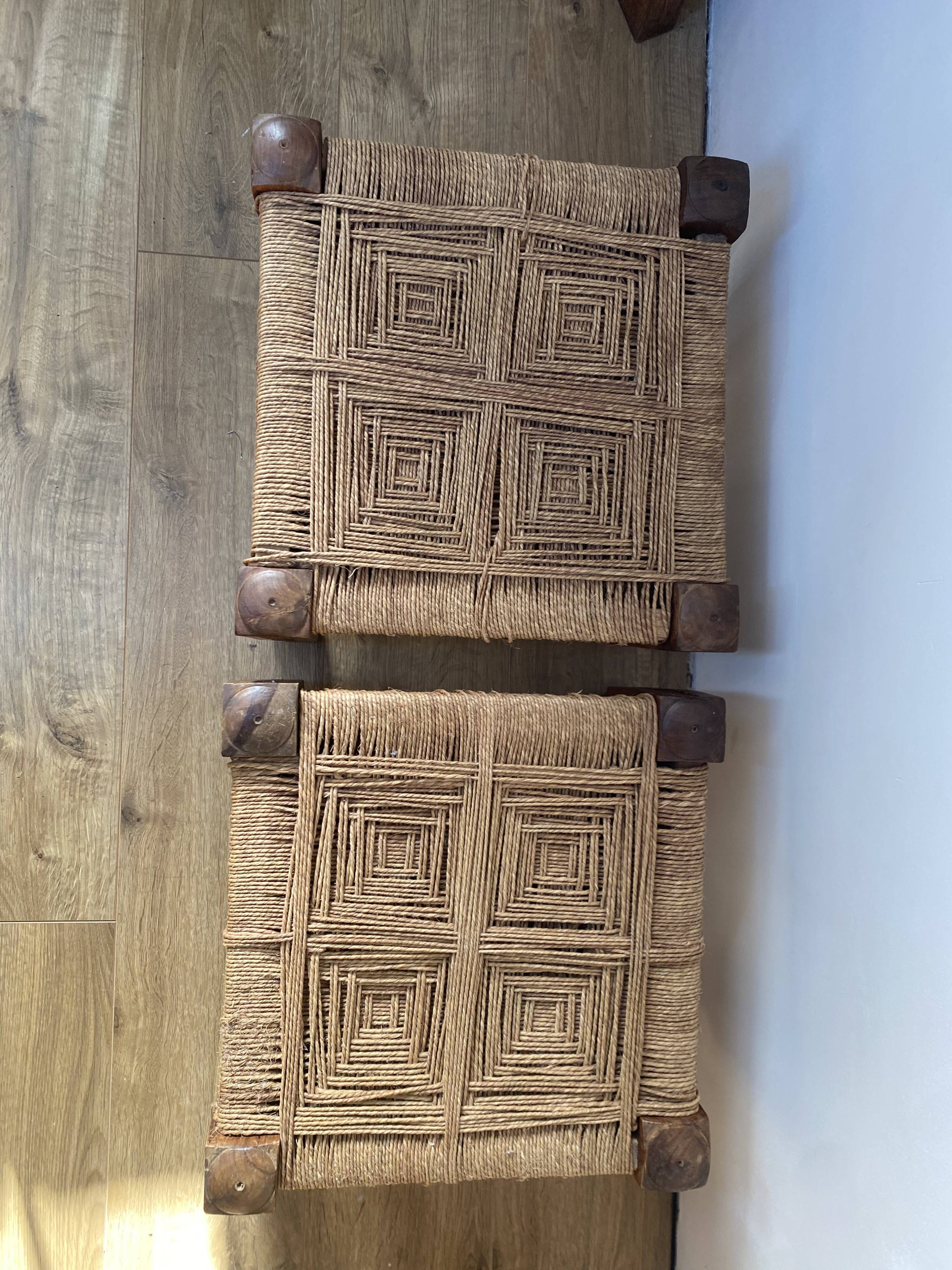 3 wooden and rope charpoy stools