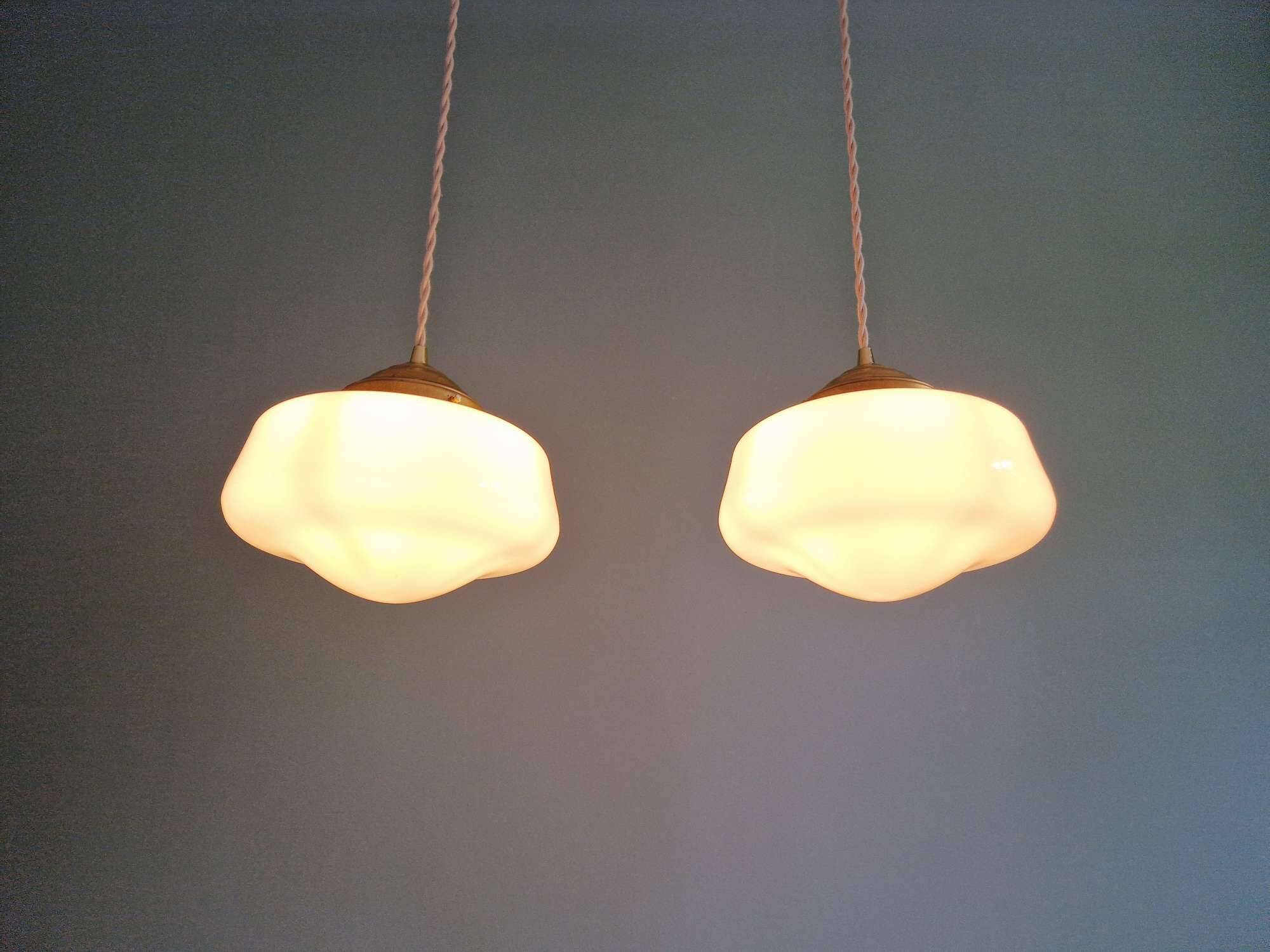Pair of Art Deco conical white opaline pendant lights, 1920-30