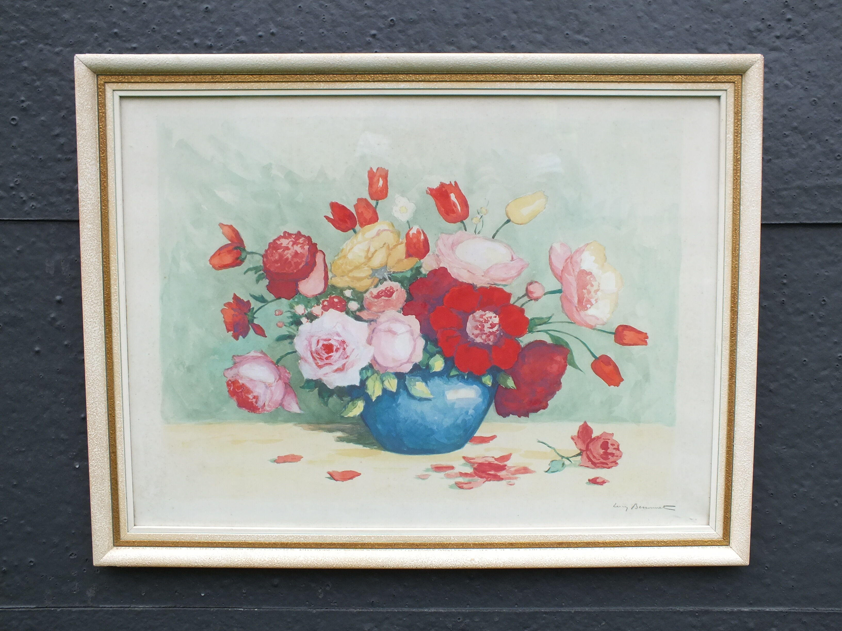 Large watercolor bouquet of flowers signed Bessonnat