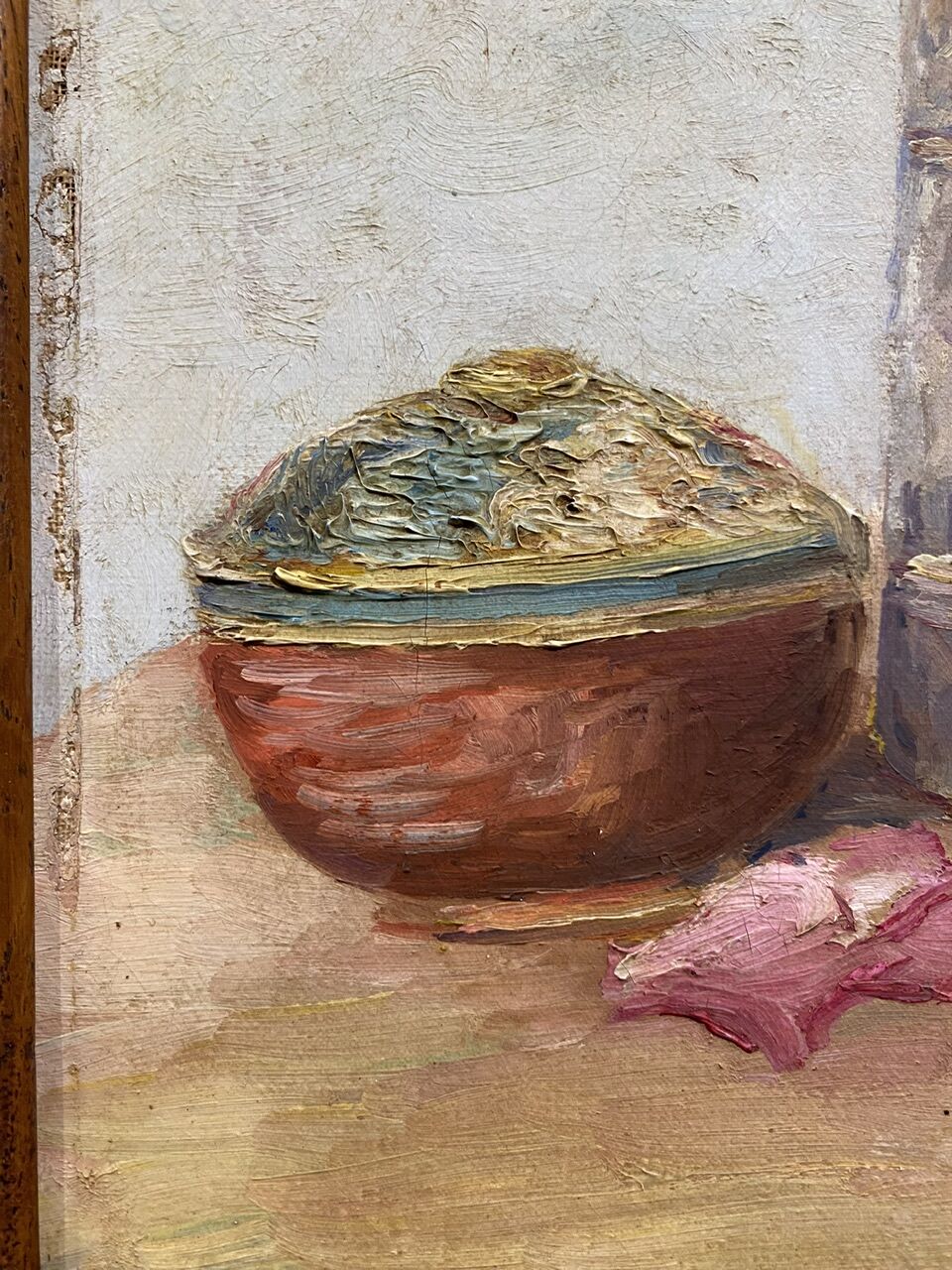 Old painting, still life with roses and oranges, signed circa 1950.