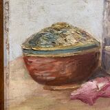 Old painting, still life with roses and oranges, signed circa 1950.