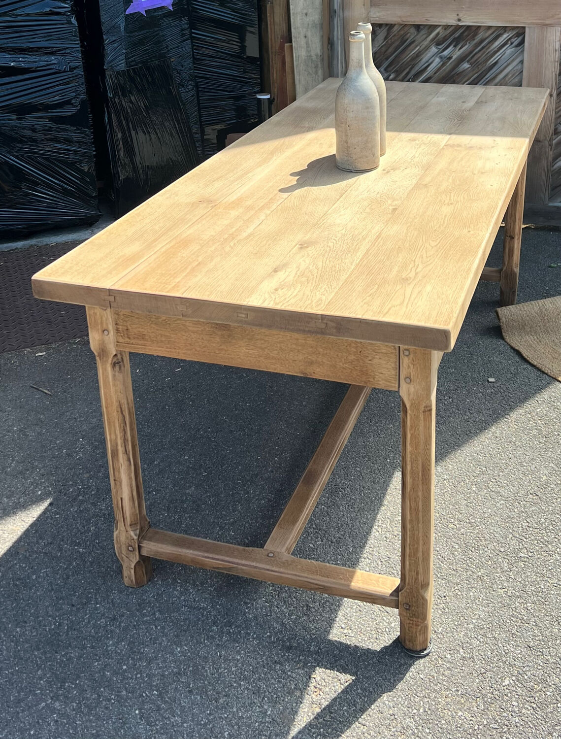 Large renovated antique table with 2 extensions in raw solid oak.
