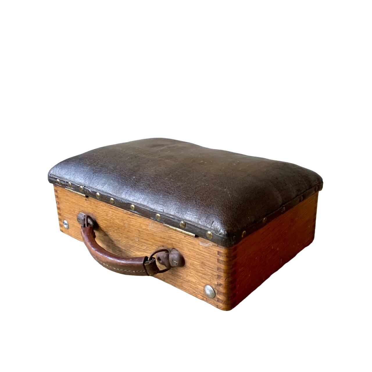 Old foldable fisherman's stool in wood and leather