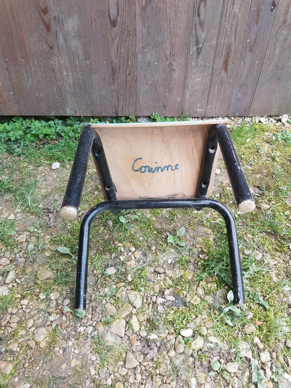 Mullca style children's chair black metal tube + vintage wood seat & back #a663