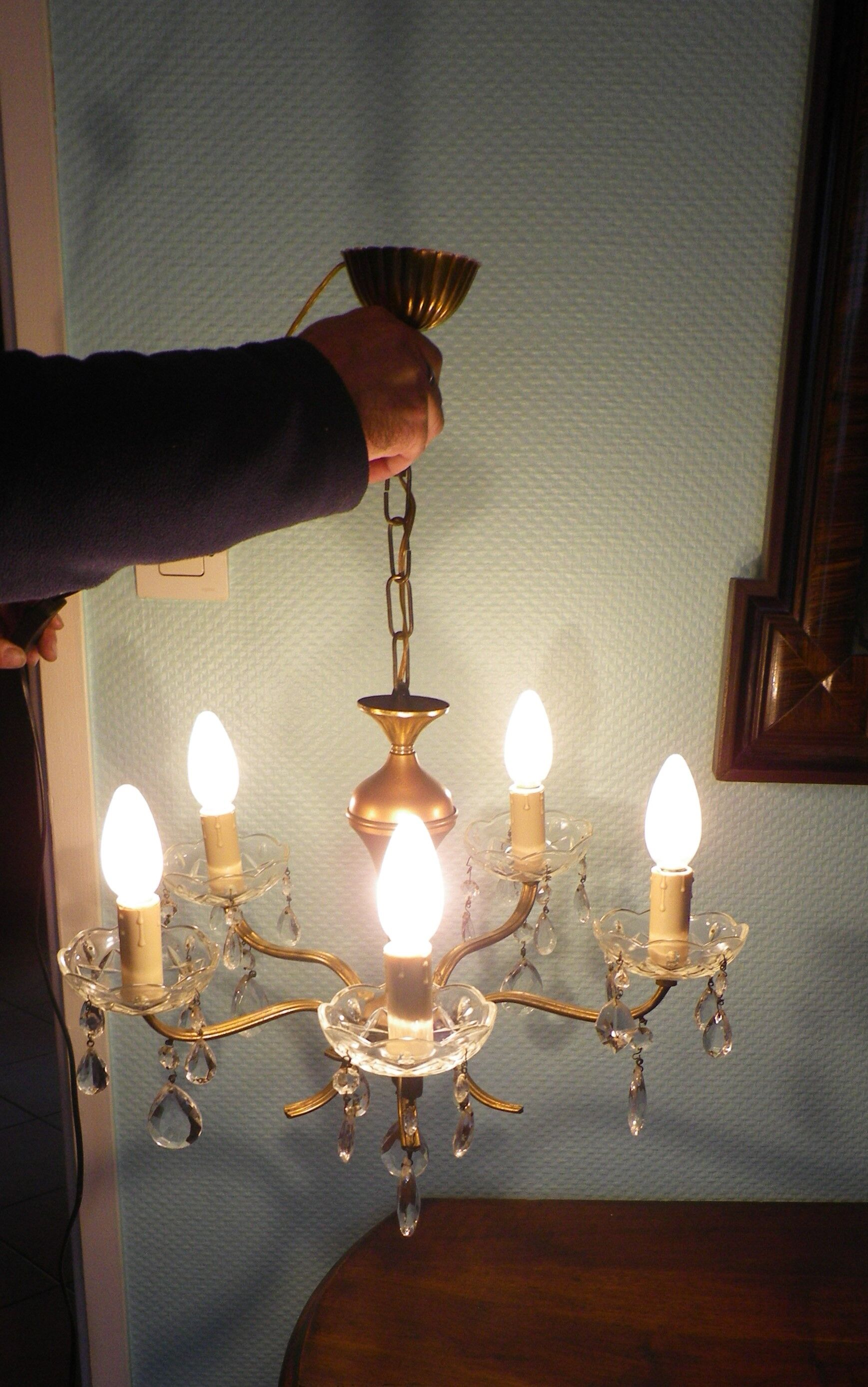 Suspension 5 lights, gold metal, glass cups with glass grapevines