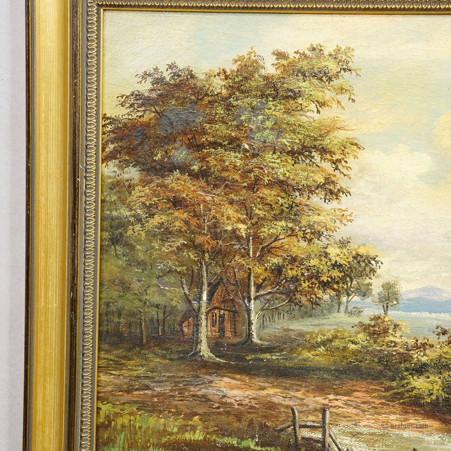 19th-century Biedermeier landscape painting with a lake and trees.