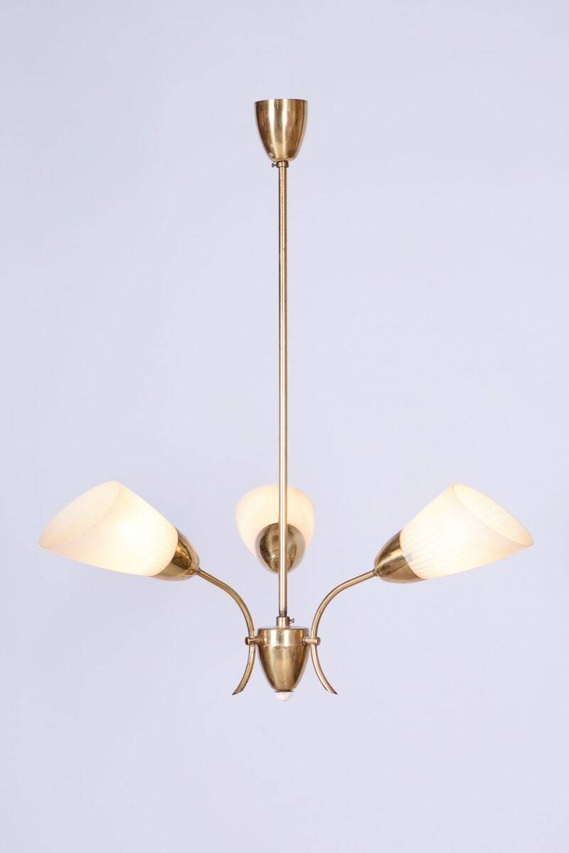 Mid-Century Chandelier in Brass and Frosted Glass, Czech, 1950s