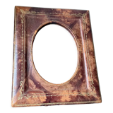 Antique leather framed mirror with gildings 30 cm x  24 cm