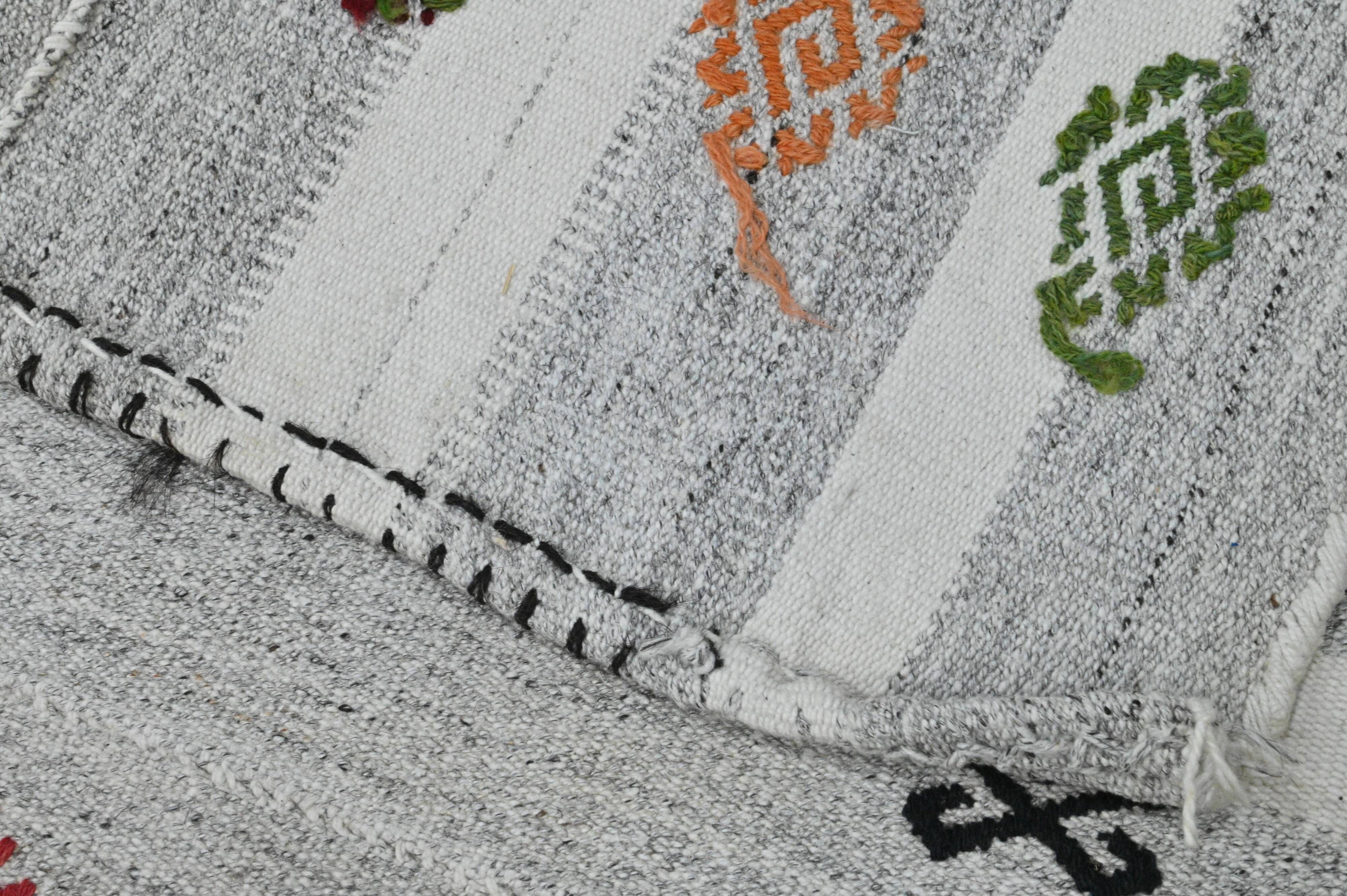 Vintage Turkish Kilim Rug 162x192 cm, Grey Stripes and Colorful Patterns