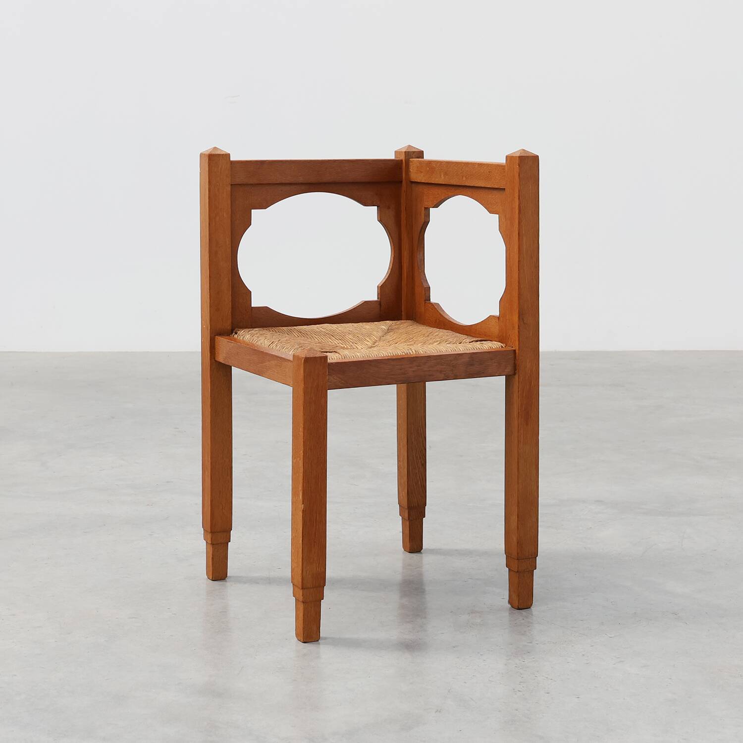 Art Deco Oak Corner Chair with Cut‑Out Backrest and Rush Seat, Belgium, cir