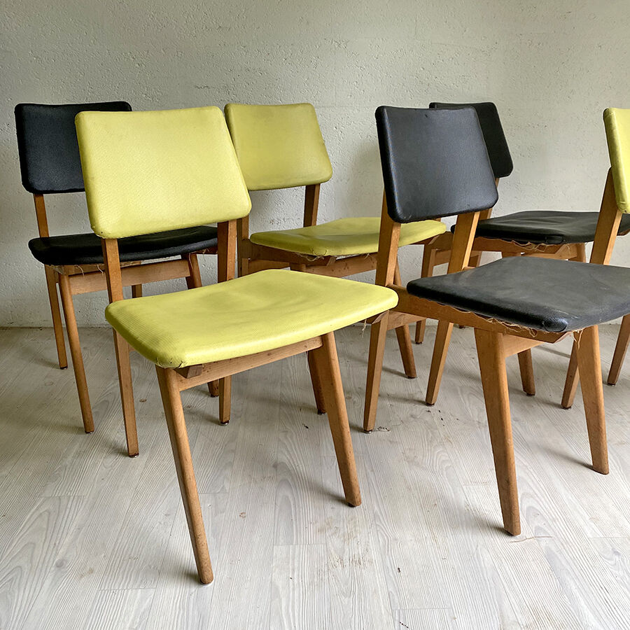 Set of 6 vintage chairs, black and green 1960