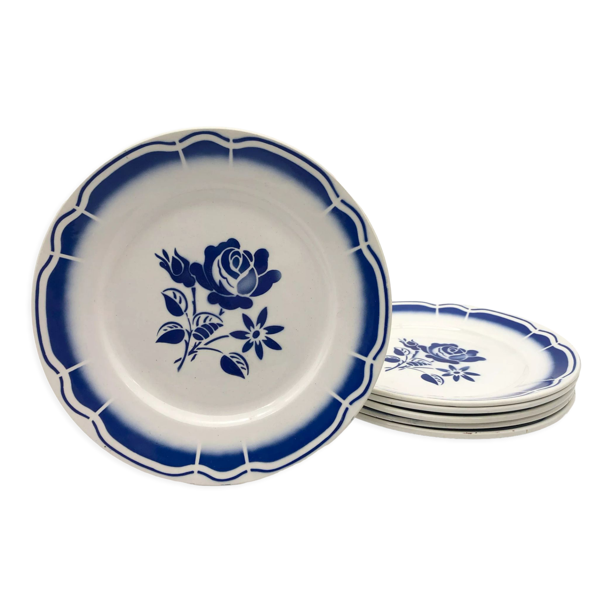 6 flat plates fb badonviller, vintage blue décor