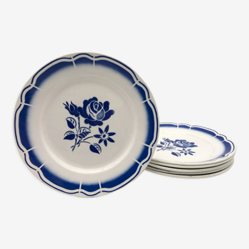 6 assiettes plates fb badonviller, décor bleu vintage