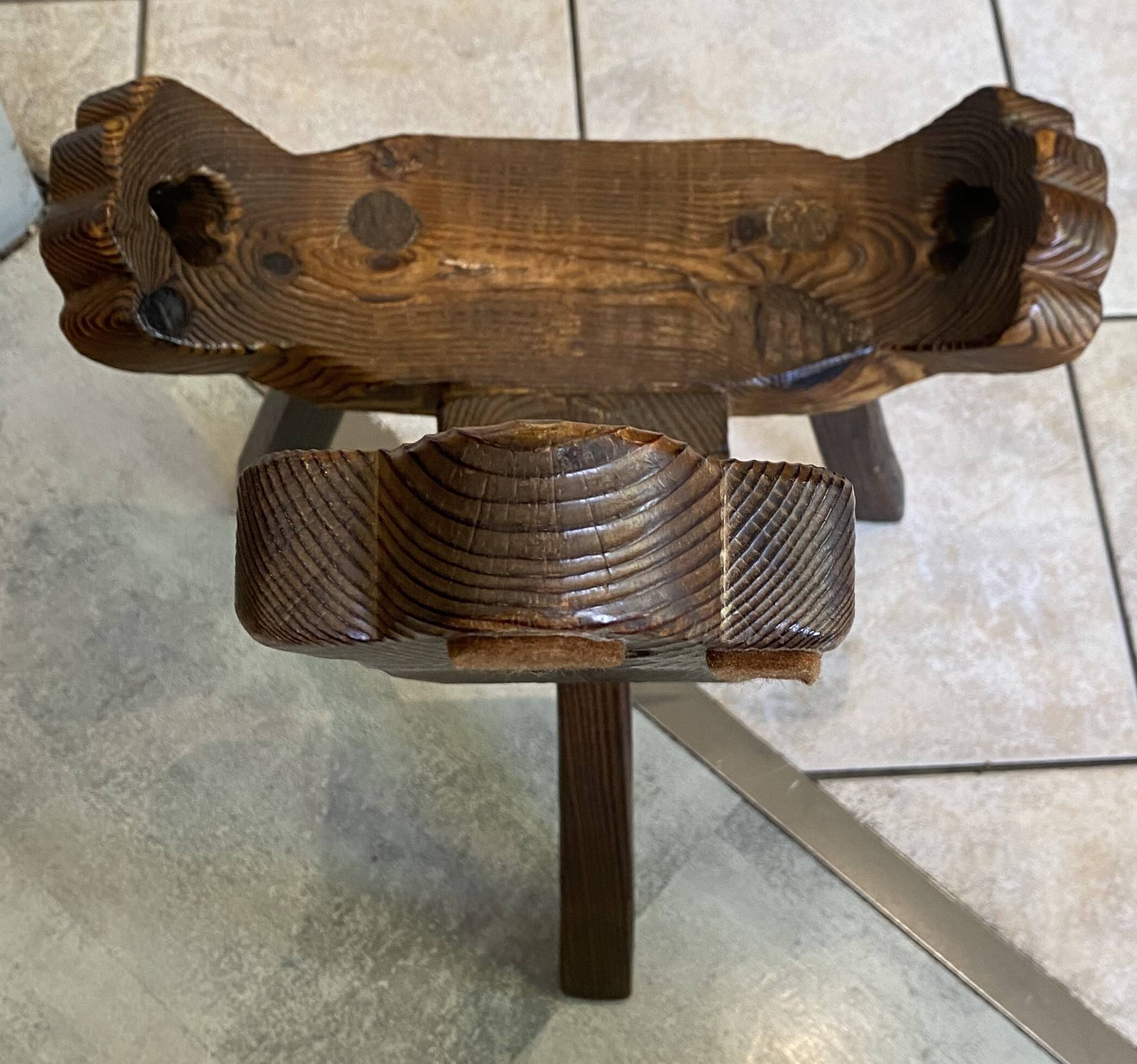 Brutalist tripod chair n1, carved solid wood, antique.