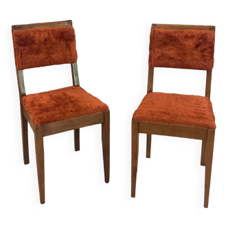 Pair of 1960 1970 chairs in wood and fur / vintage seat signed TAB