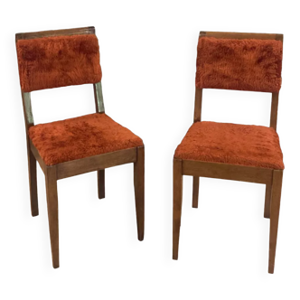 Paire de chaise 1960 1970 en bois et fourrure / assise vintage signée TAB