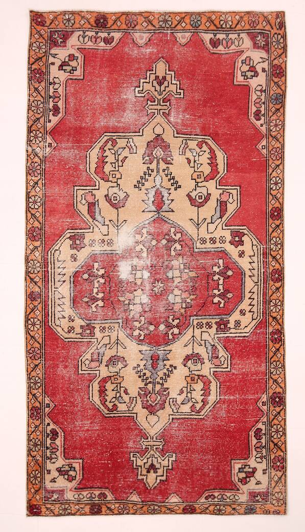Antique Red Tan Beige Turkish Vintage Rug, 130x247Cm