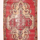 Antique Red Tan Beige Turkish Vintage Rug, 130x247Cm
