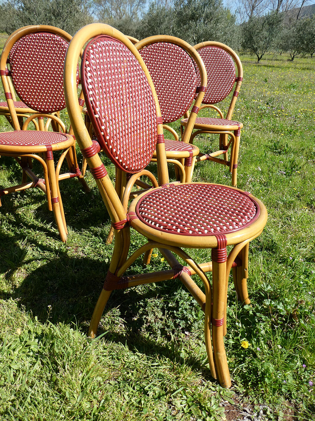 Lot de 4 chaises bistrot terrasse "parisienne" rotin et tressage rouge