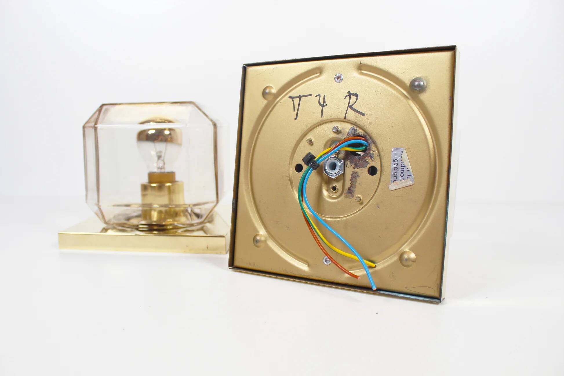 Pair of glass and brass wall lamps by Glashutte Limburg