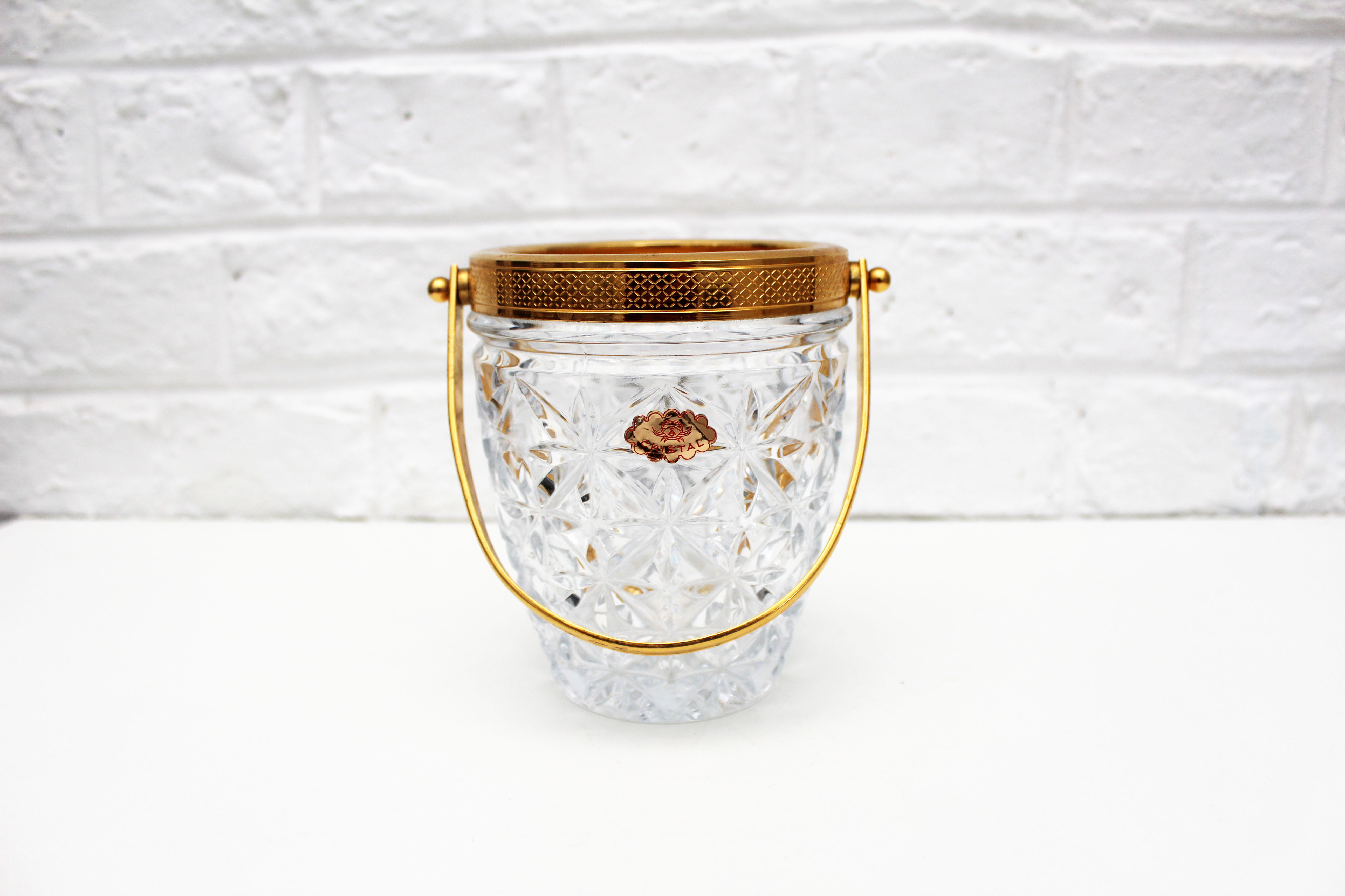 Vintage Glass Ice Bucket, ice cube bowl, gold metal rim