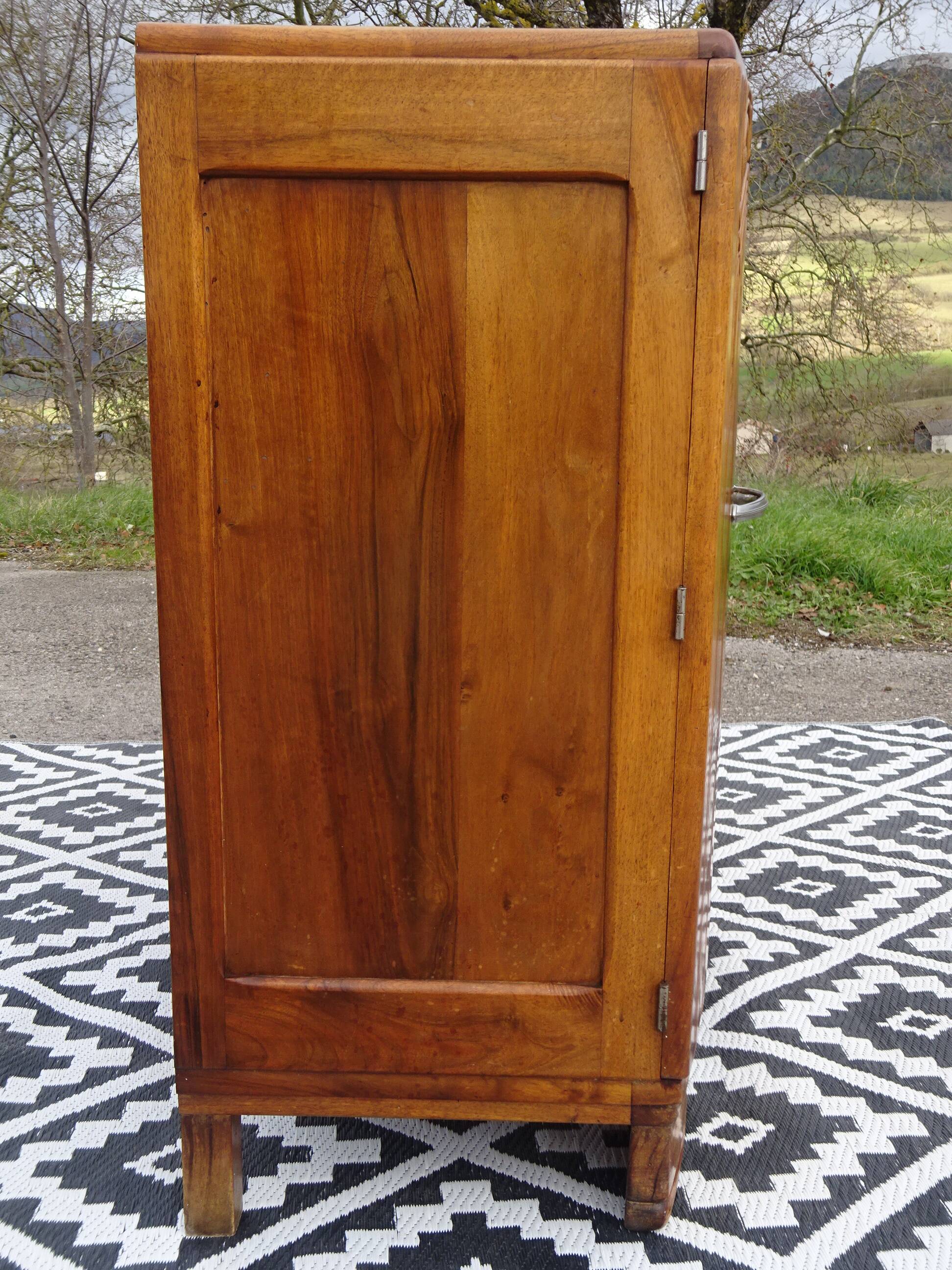 Narrow sideboard, art deco in light walnut, gray marble top