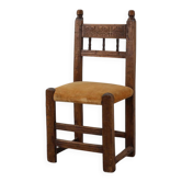 Chaise latérale en chêne sculpté à la main du 19e siècle avec siège en velours