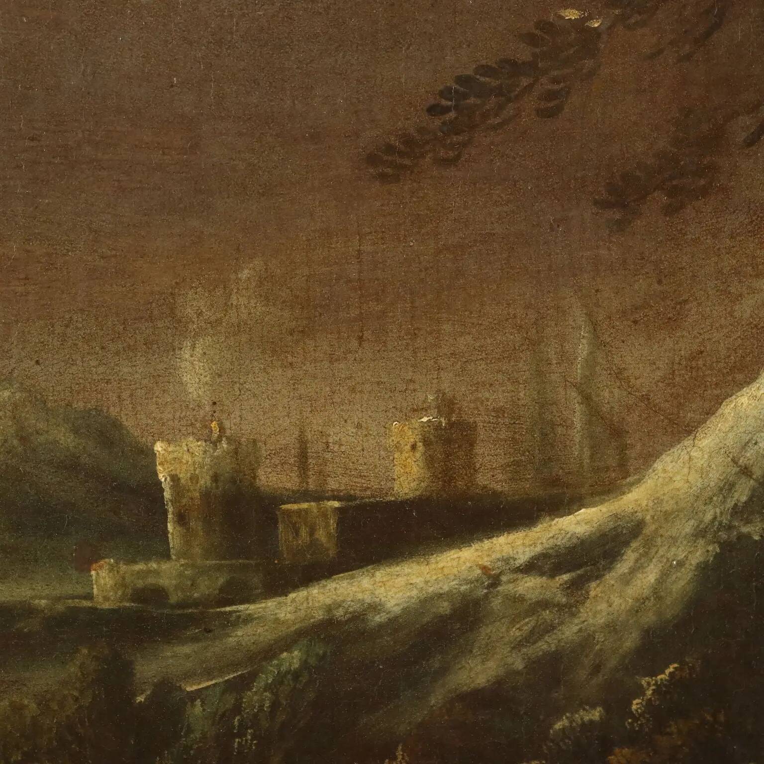 Ancient table, influence of Marco Ricci, winter landscape '700