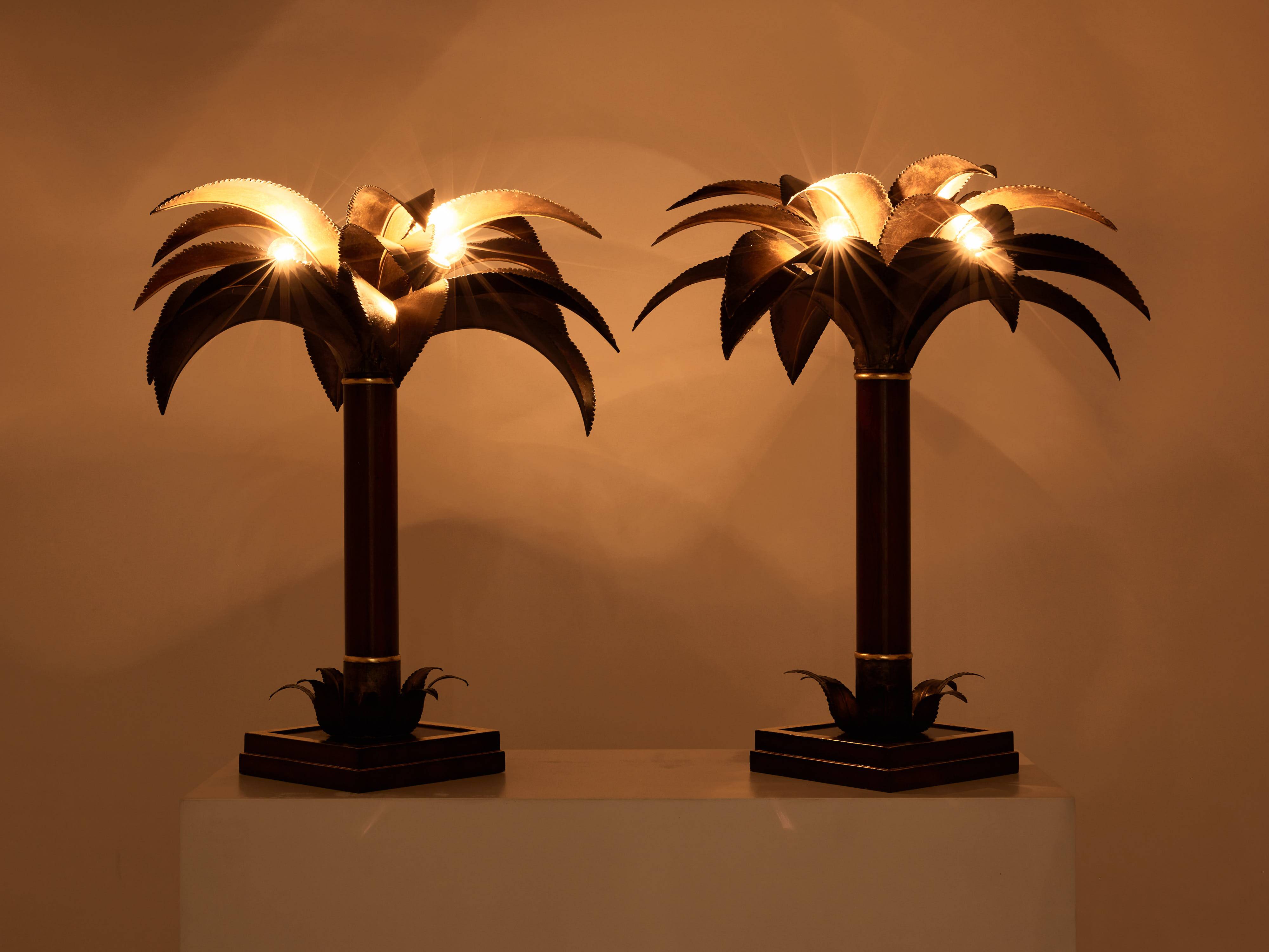 Maison Jansen style pair of bronze mahogany palm tree lamps 1960s