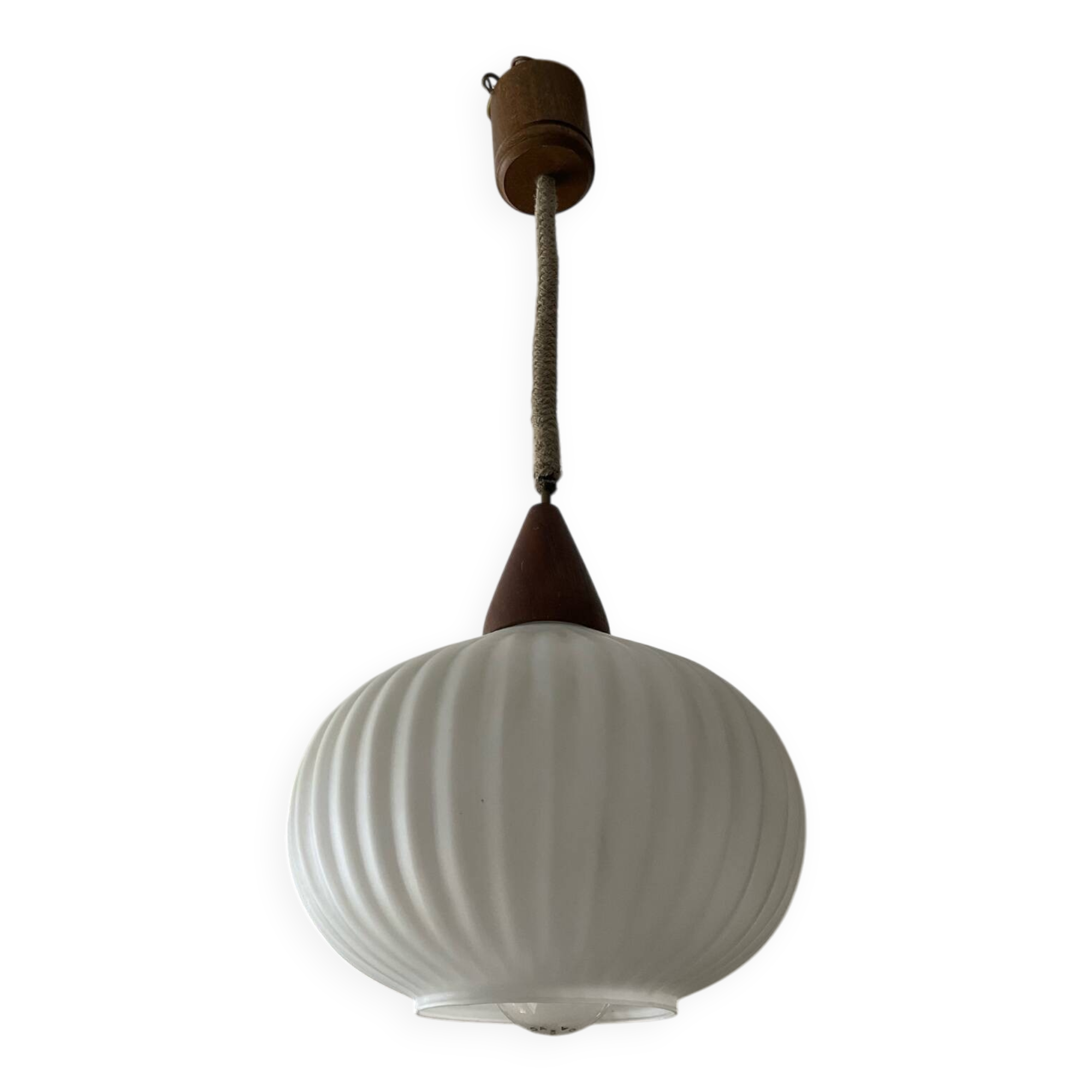 Louis Kalff pendant light in opaline and teak from the 1960s