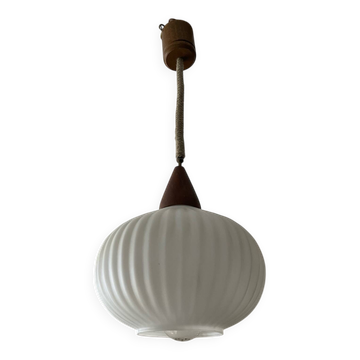 Louis Kalff pendant light in opaline and teak from the 1960s