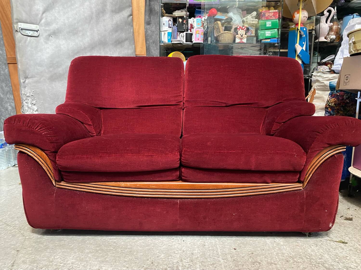 Old Art Deco Sofa in Bordeaux Red Velvet & Wood Decor