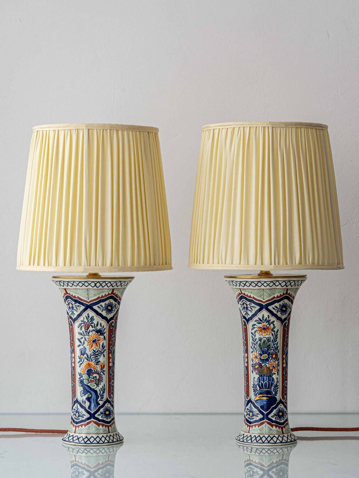 Vintage Belgian Delft Style Table Lamps by Boch with Brass Elements, 1950-1970, New Shades