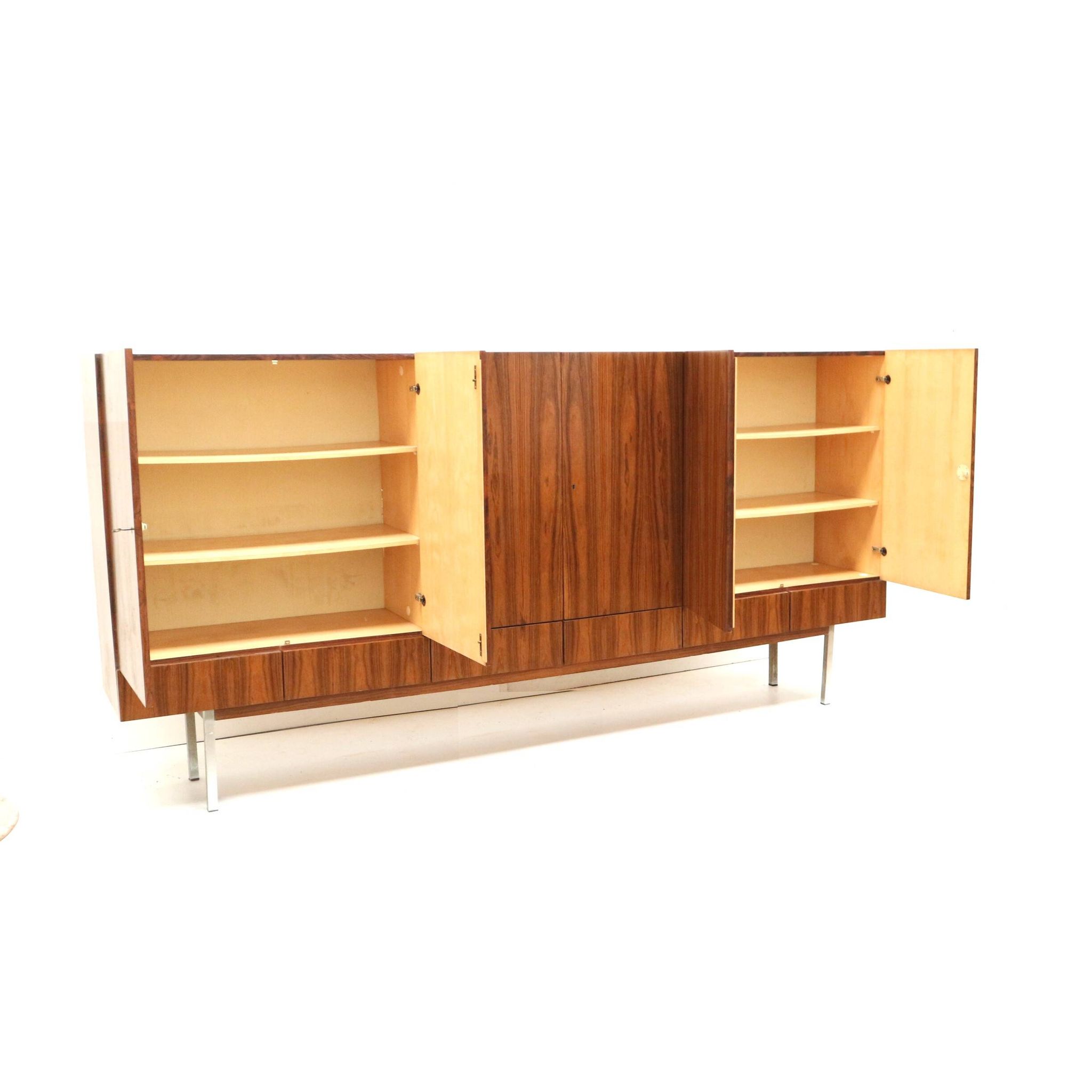 Large vintage rosewood sideboard with 6 doors from the 1960s