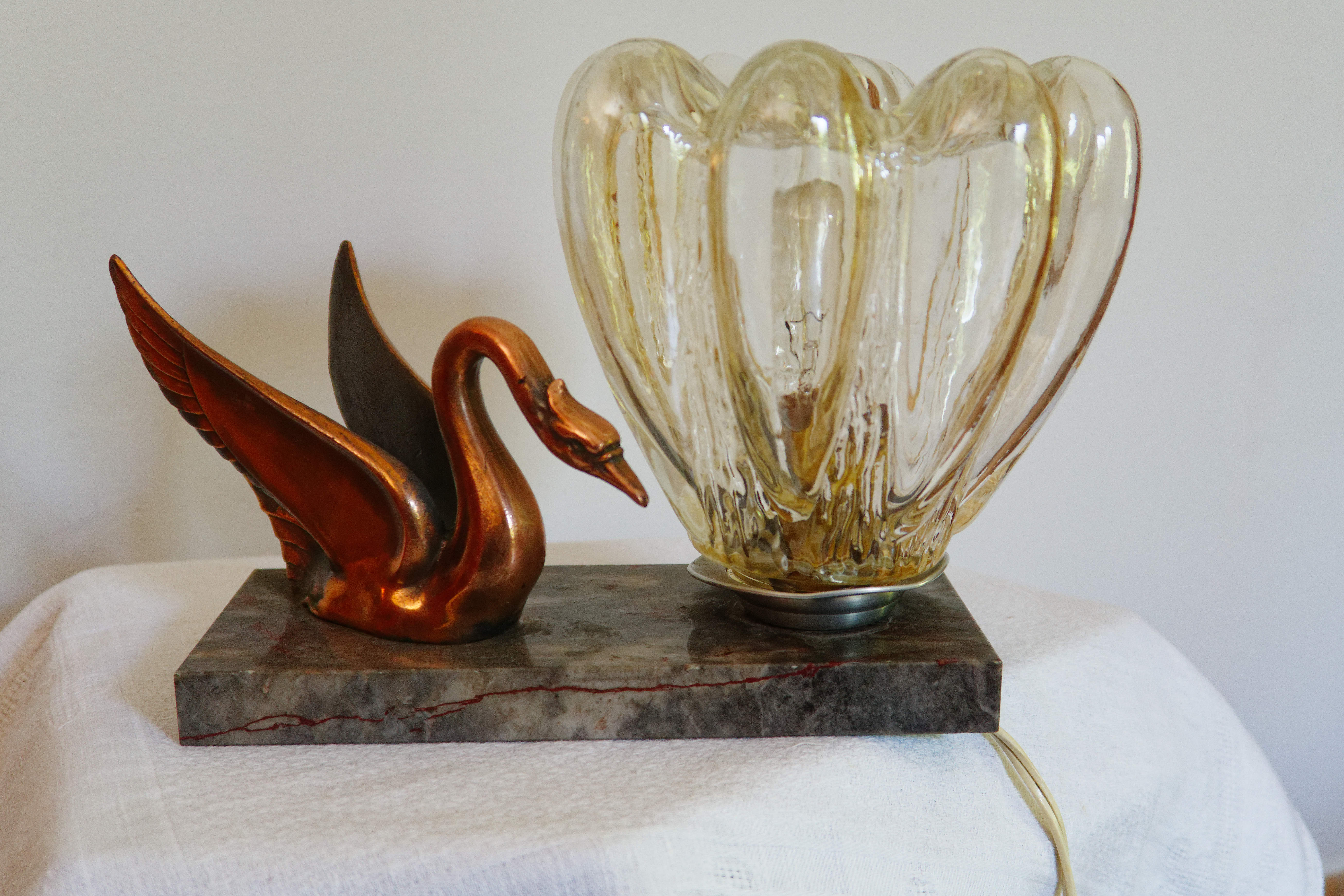 bedside lamp art deco marble, swan glass in regulated