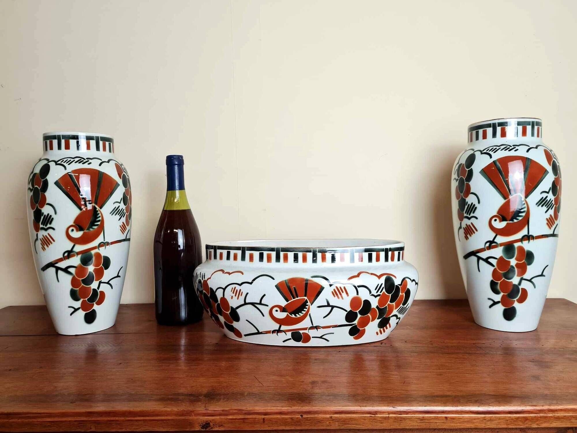 Keller e guérin luneville 1930: jardiniere and its 2 vases art deco period