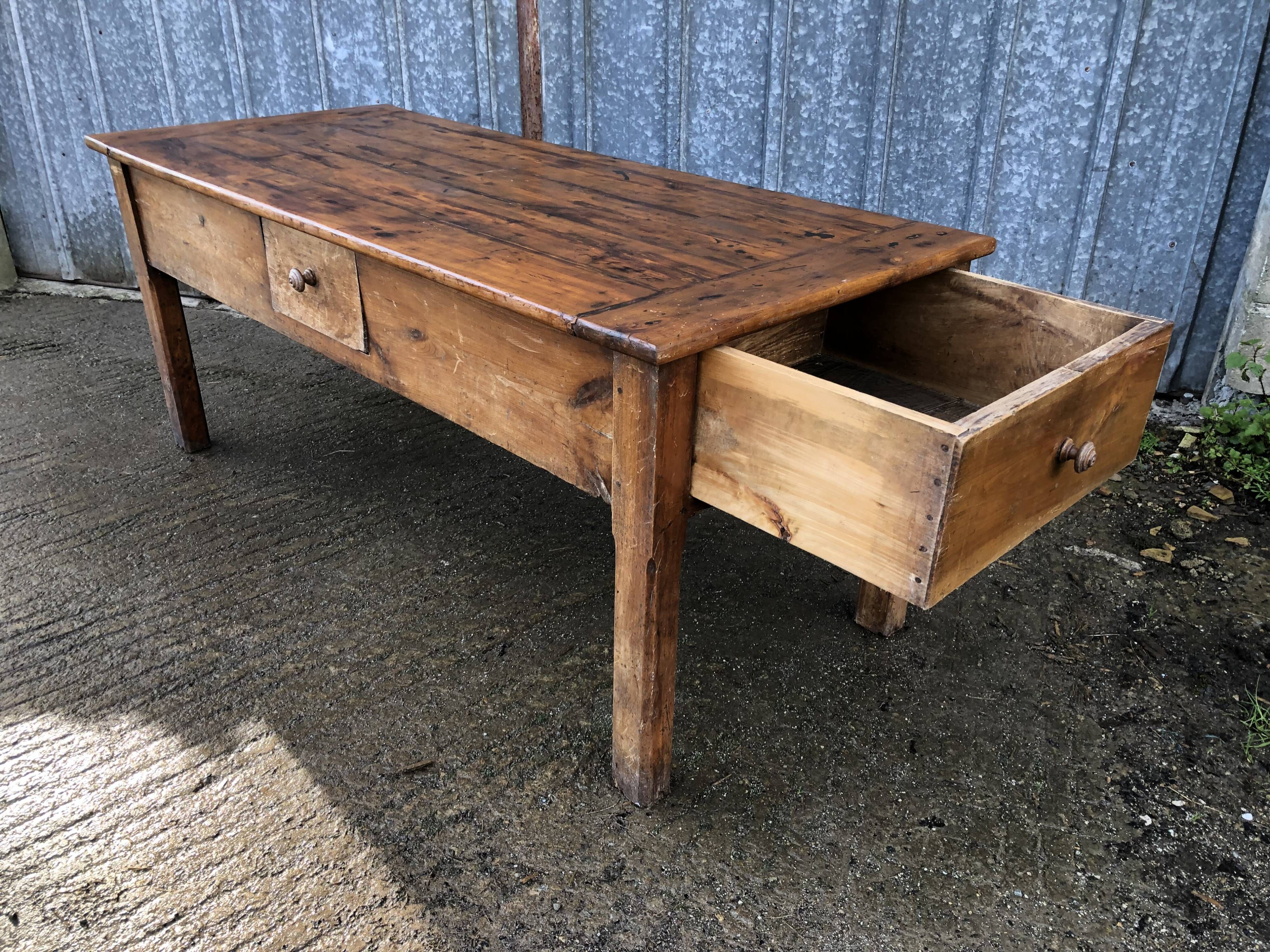 Antique Rustic Solid Cherry Farmhouse Table with 3 Drawers and 1 Pull Out