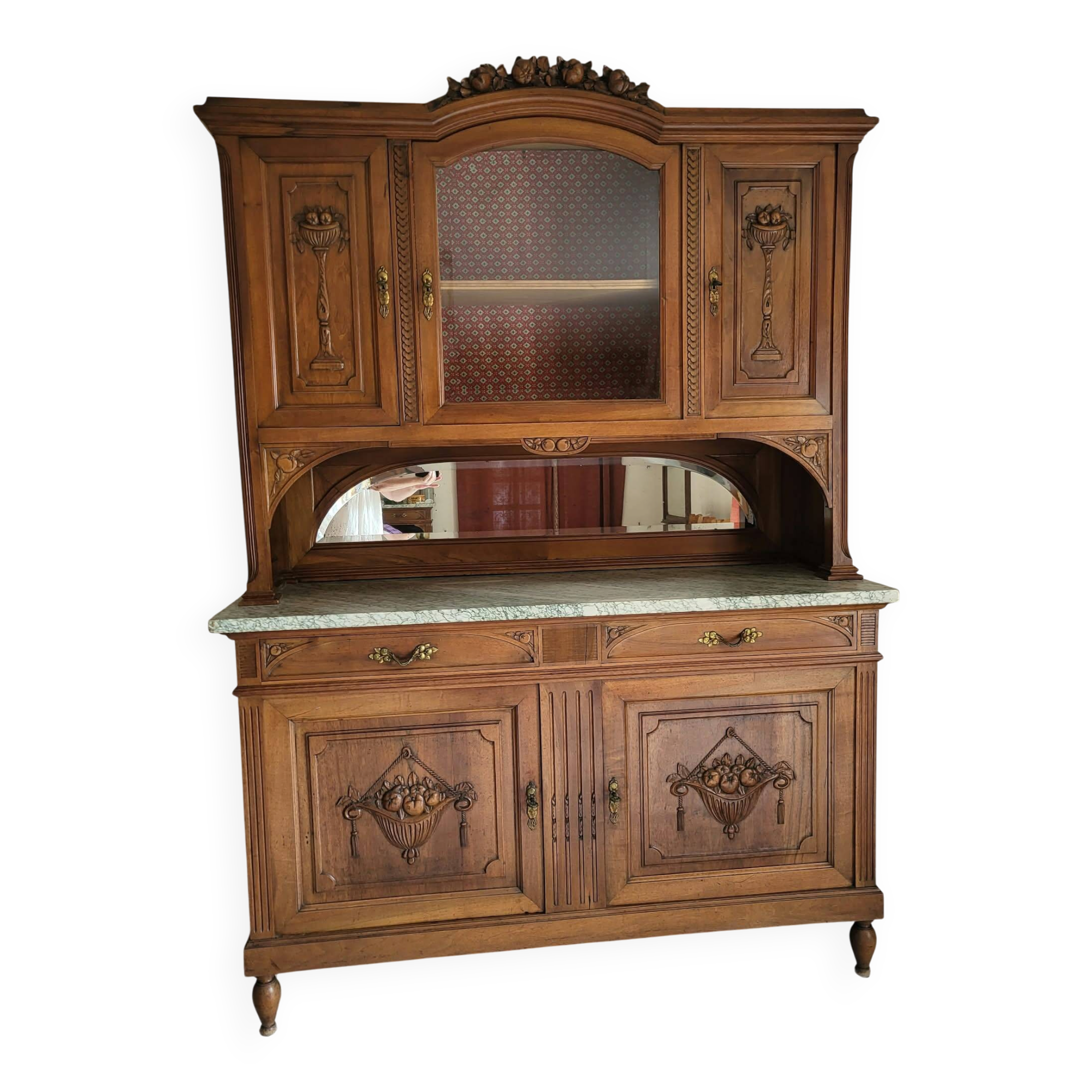 Grand buffet two-body from the 1910s - Solid wood, marble & bevelled mirror.